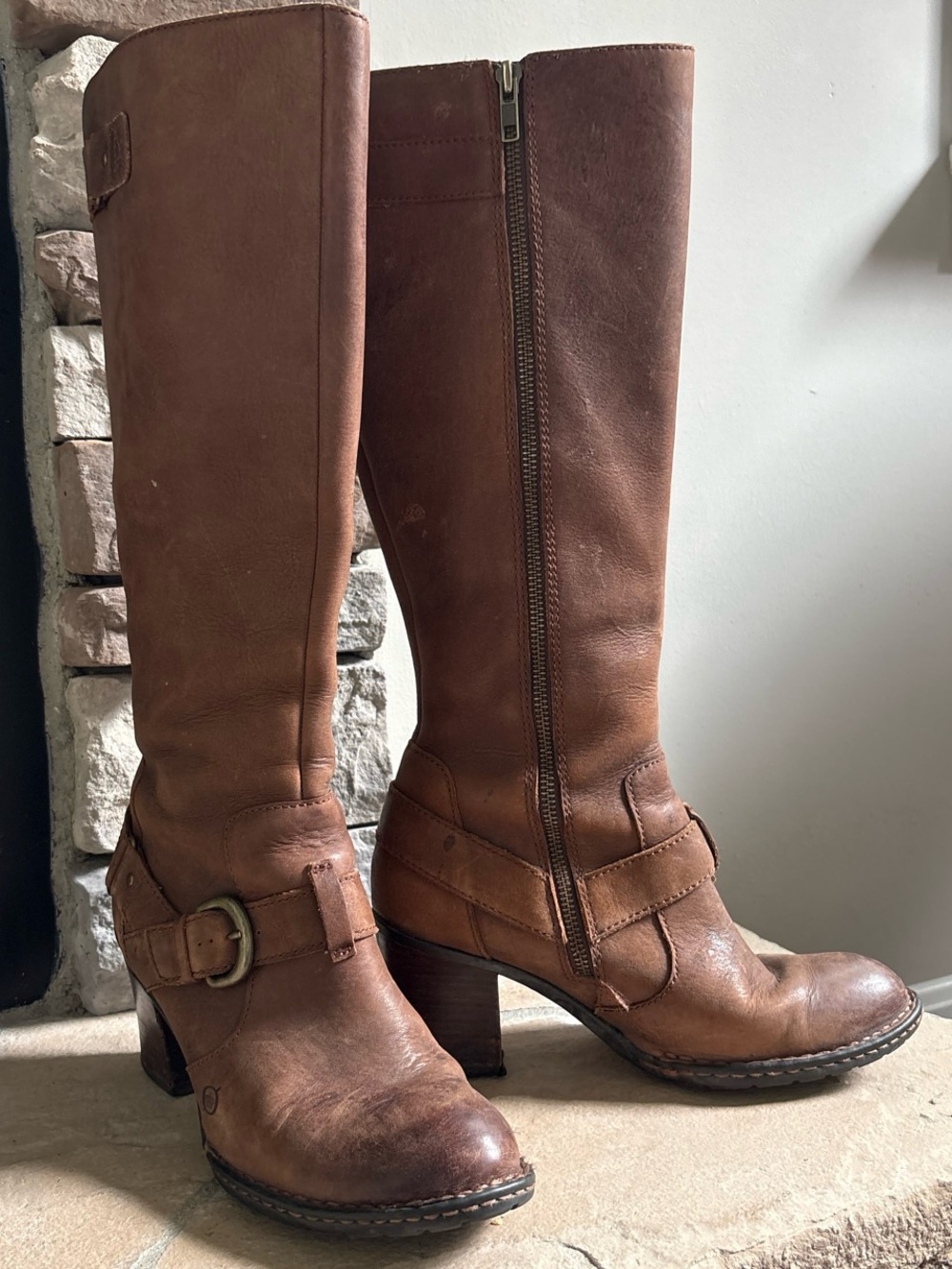 Born Natasha Brown Leather Knee-High Riding Style Boots with Buckle